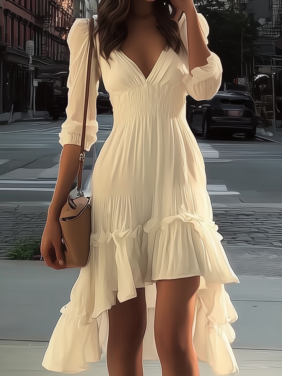 Fantasy Pro White V-Neck Midi Dress Smocked Waist Ruffle Hem
