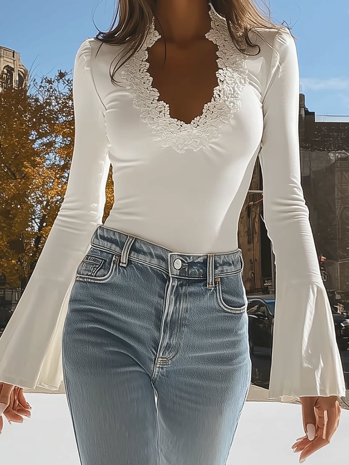 Fantasy Pro White V-Neck Top with Elegant Lace Trim & Bell Sleeves