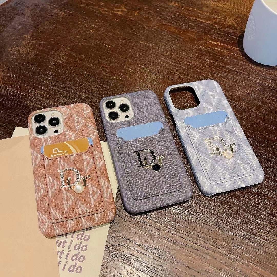 Luxury CD-Inspired Phone Case with Card Holder and Pearl Charm