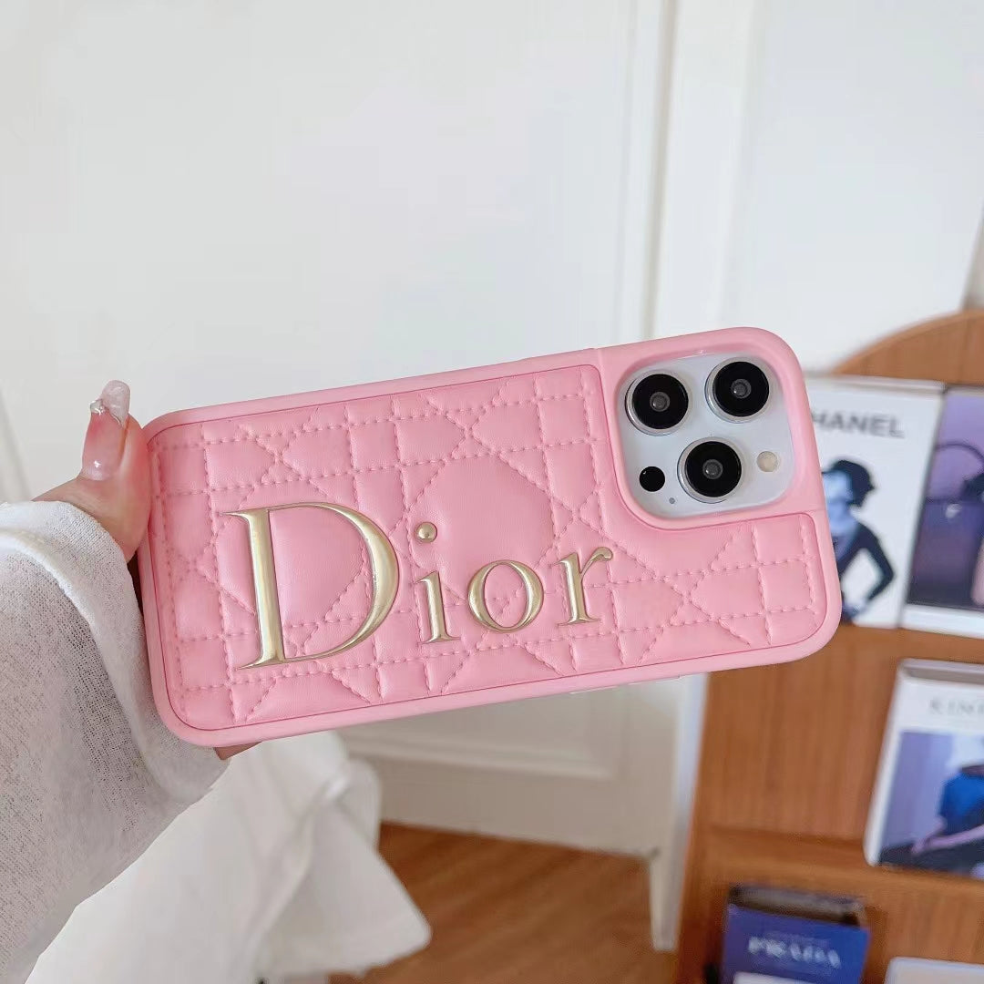 Quilted Luxury Phone Case with Elegant Metallic CD Logo