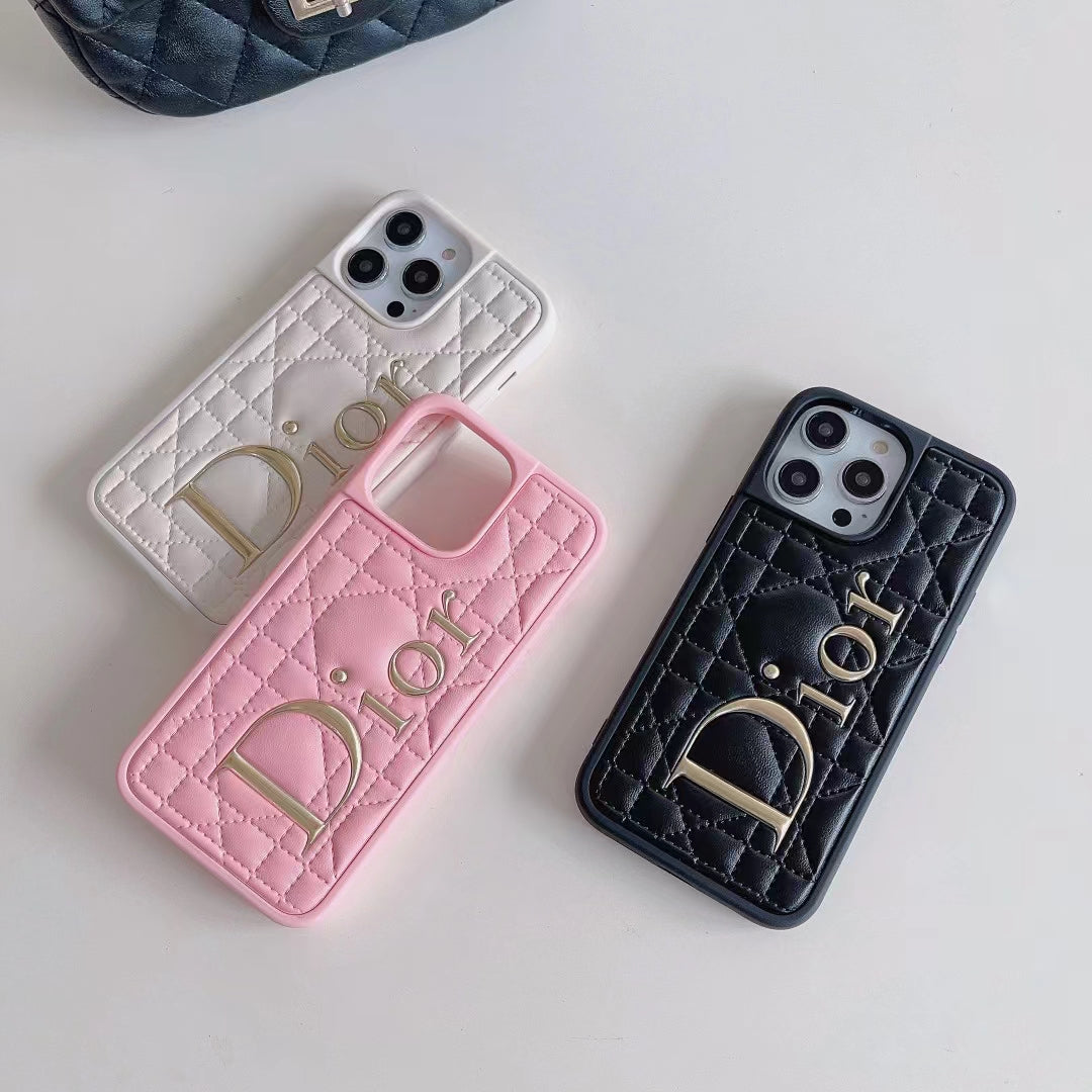 Quilted Luxury Phone Case with Elegant Metallic CD Logo