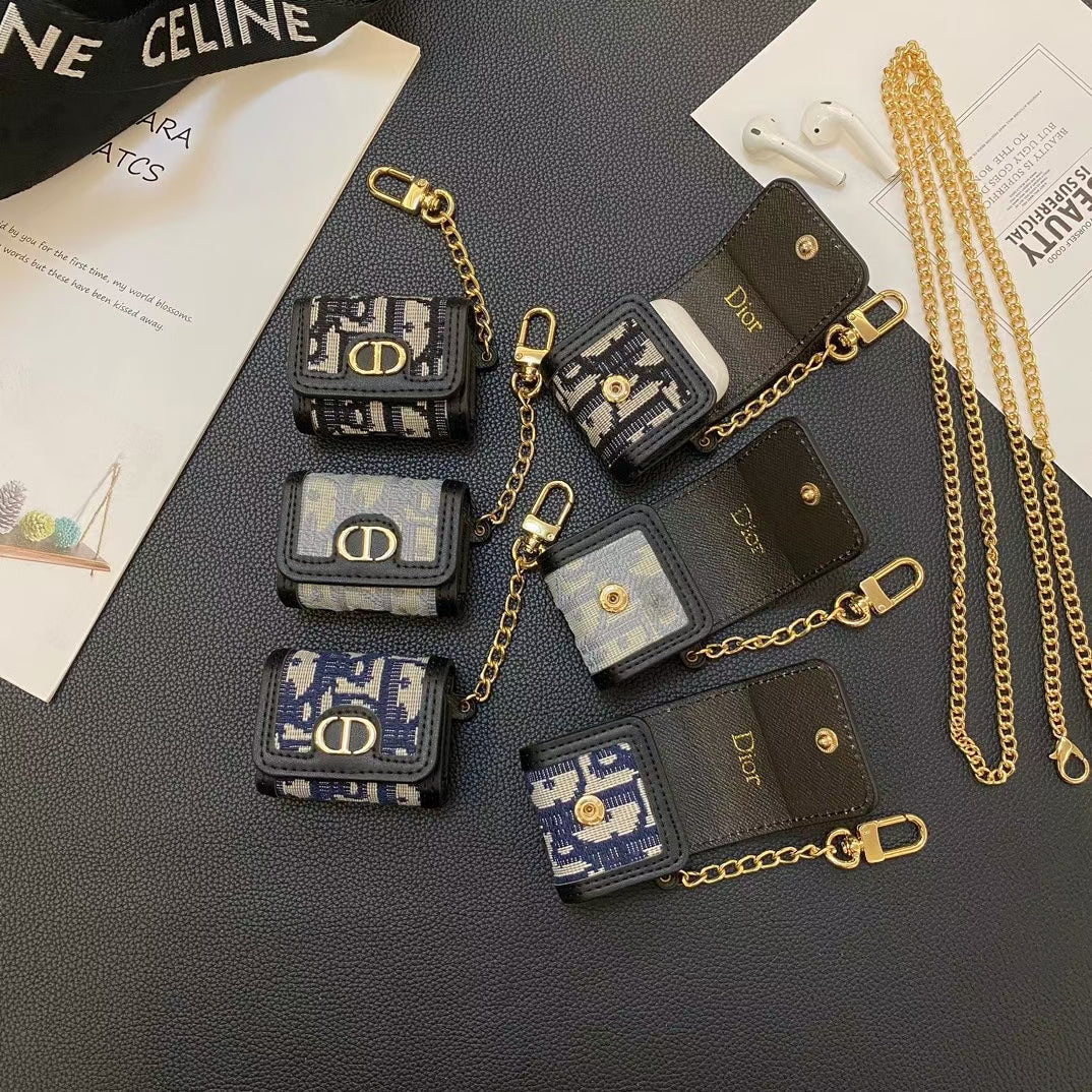 Luxury CD Monogram AirPods Case with Chain and Keyring