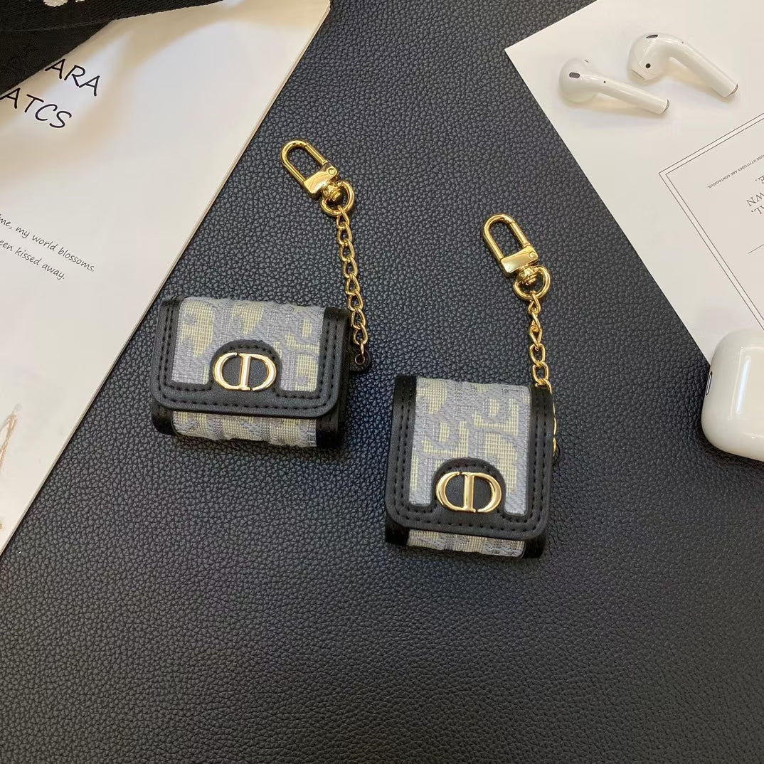 Luxury CD Monogram AirPods Case with Chain and Keyring