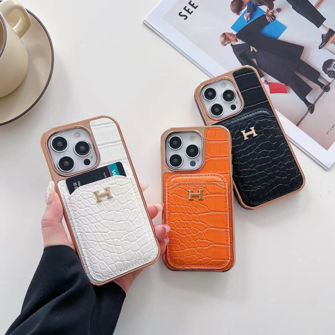 Luxury H-Inspired Croc-Embossed Card Holder Phone Case –