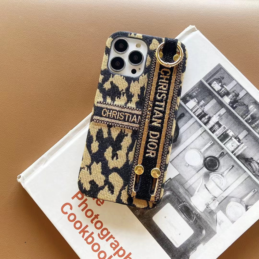 Luxury CD Leopard Phone Case with Zipper & Hand Strap