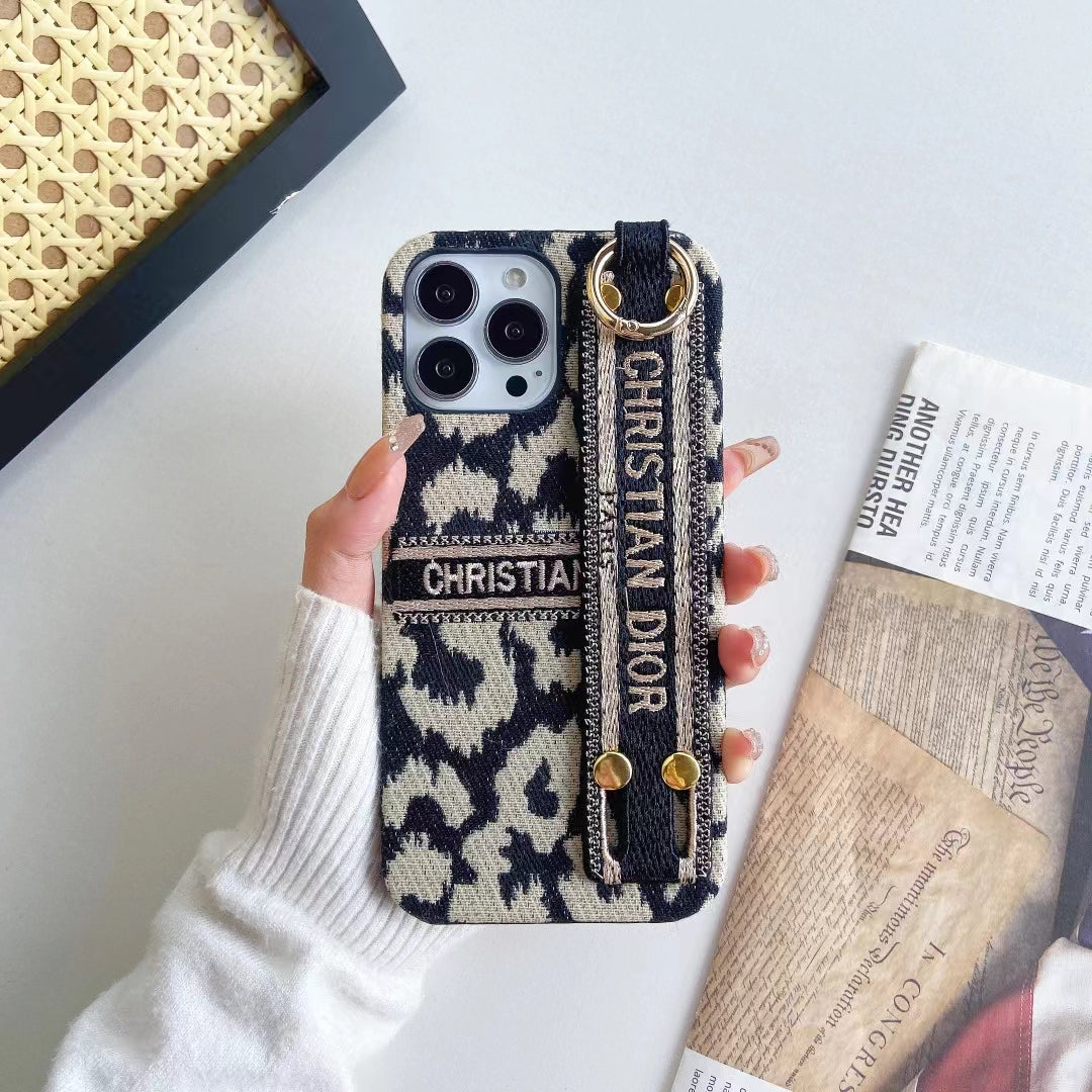 Luxury CD Leopard Phone Case with Zipper & Hand Strap