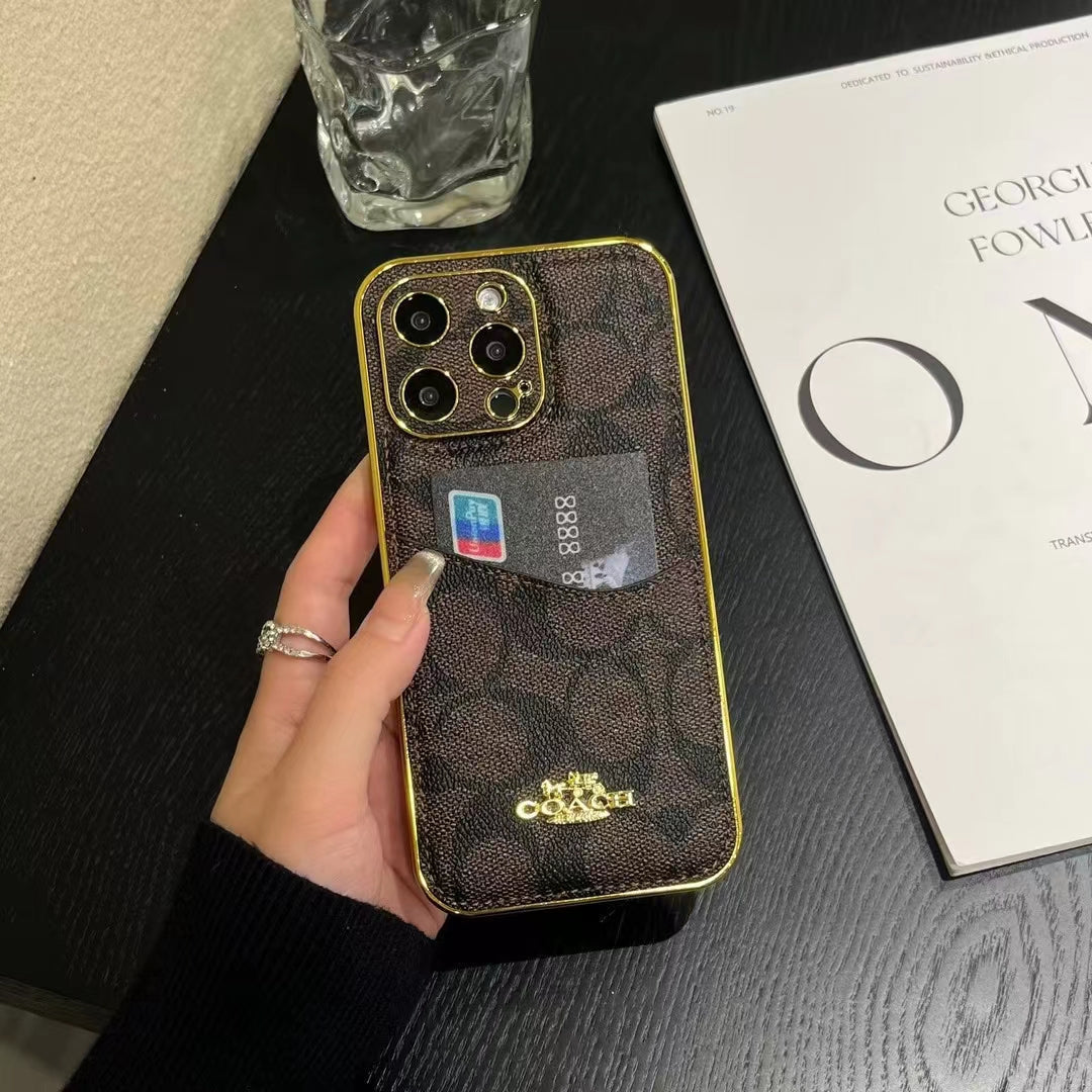 Coach Monogram Phone Case with Gold Accents and Card Holder