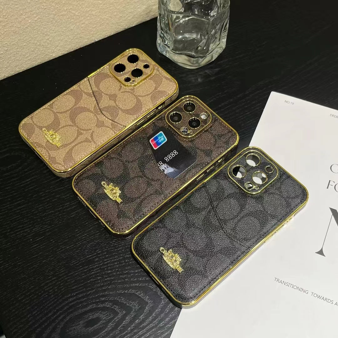 Coach Monogram Phone Case with Gold Accents and Card Holder