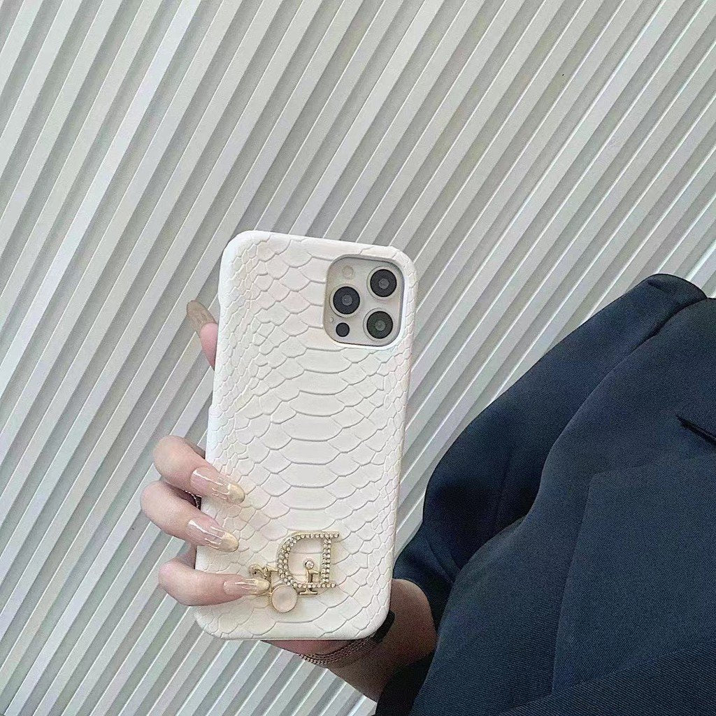 Luxury CD Snake Skin Textured Phone Case with Pearl Logo