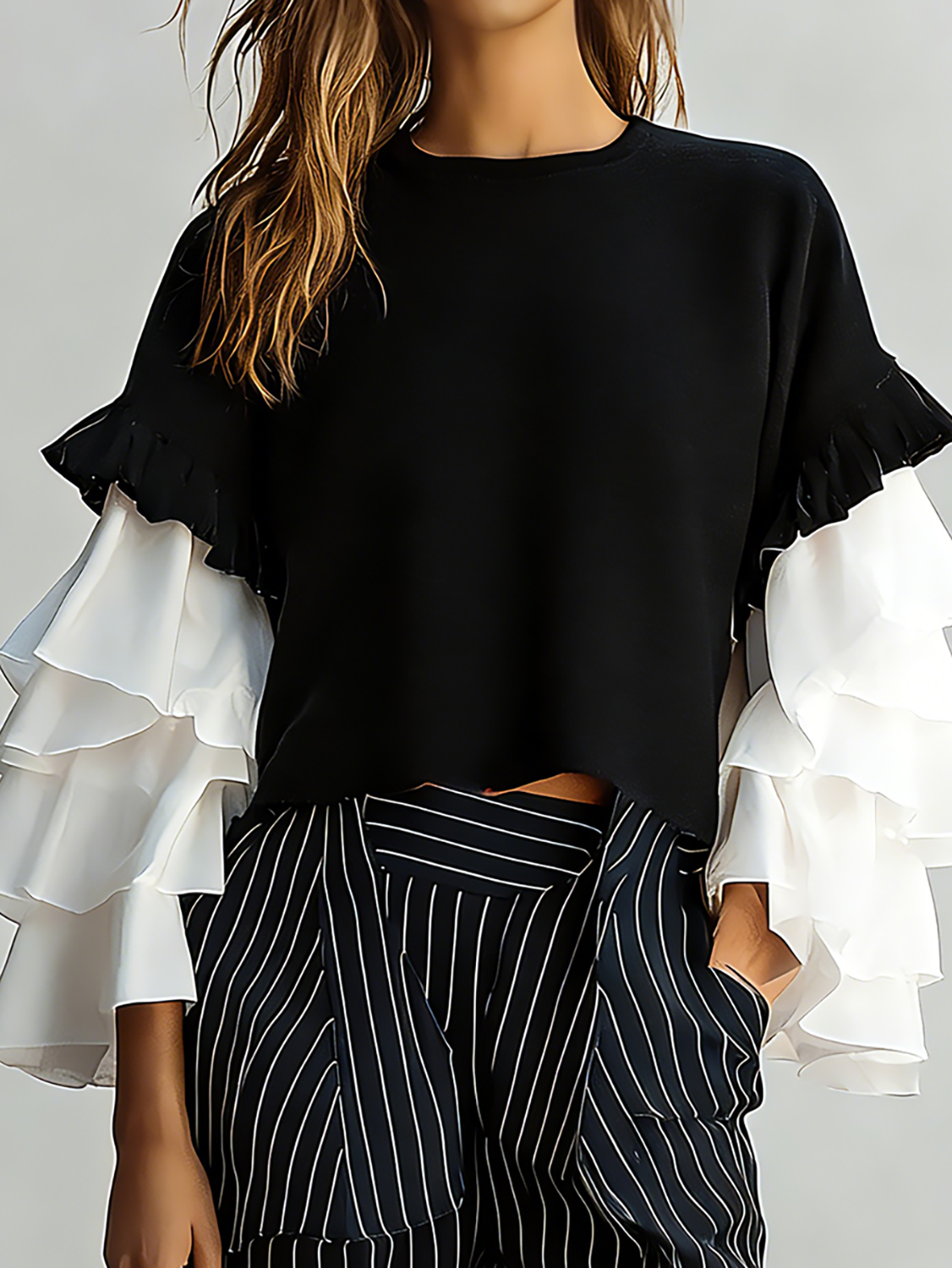 Fantasy Pro Black Crop Top with Elegant White Tiered Ruffle Sleeves