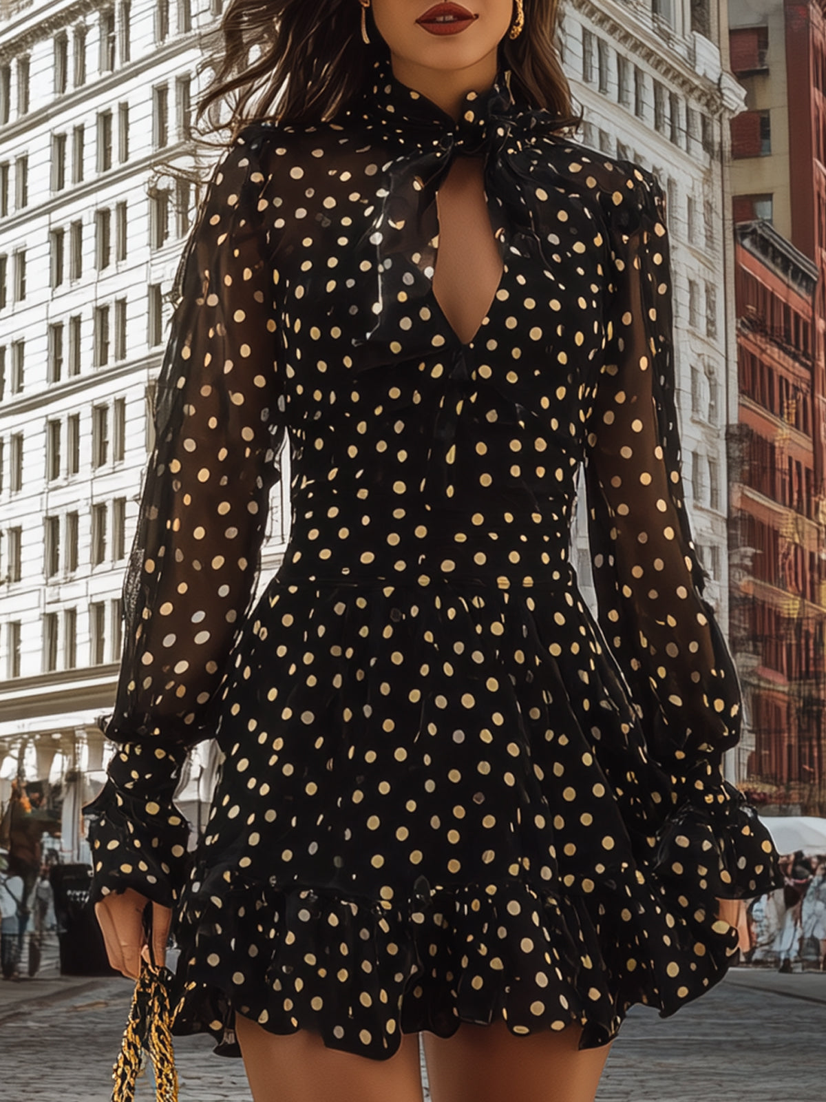 Fantasy Pro Black Polka Dot Mini Dress with Bow Collar