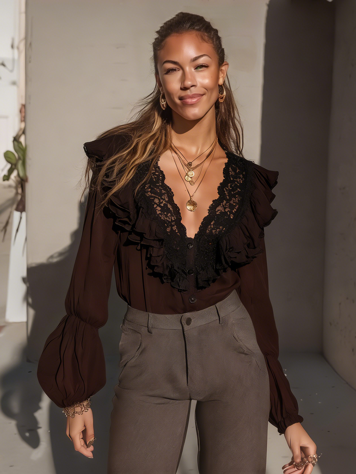 Fantasy Pro Brown V-Neck Blouse - Elegant Black Lace & Ruffles