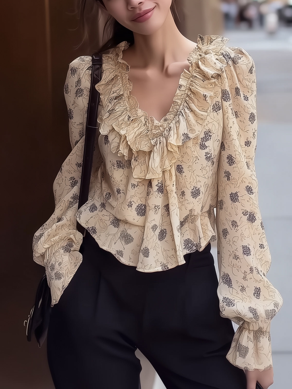 Fantasy Pro V-Neck Floral Chiffon Blouse with Elegant Ruffle Details