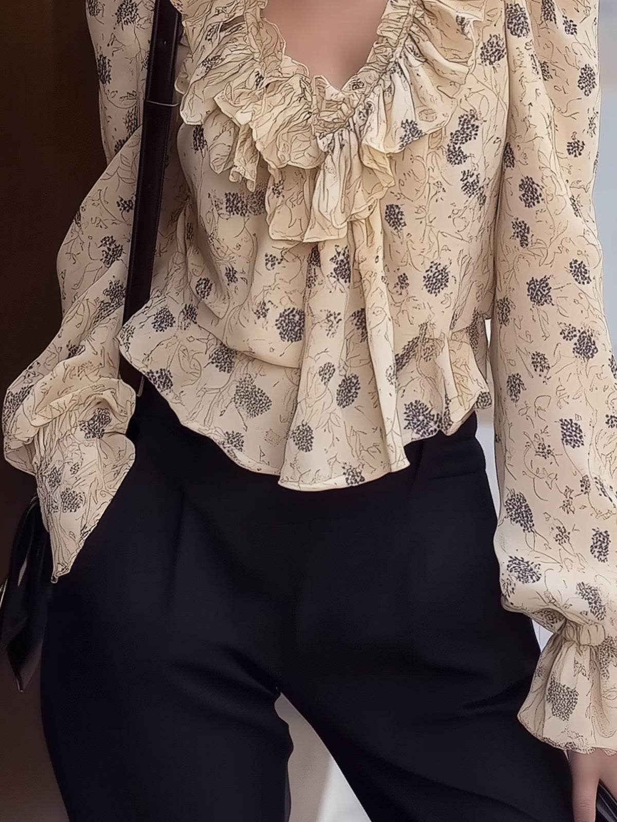 Fantasy Pro V-Neck Floral Chiffon Blouse with Elegant Ruffle Details