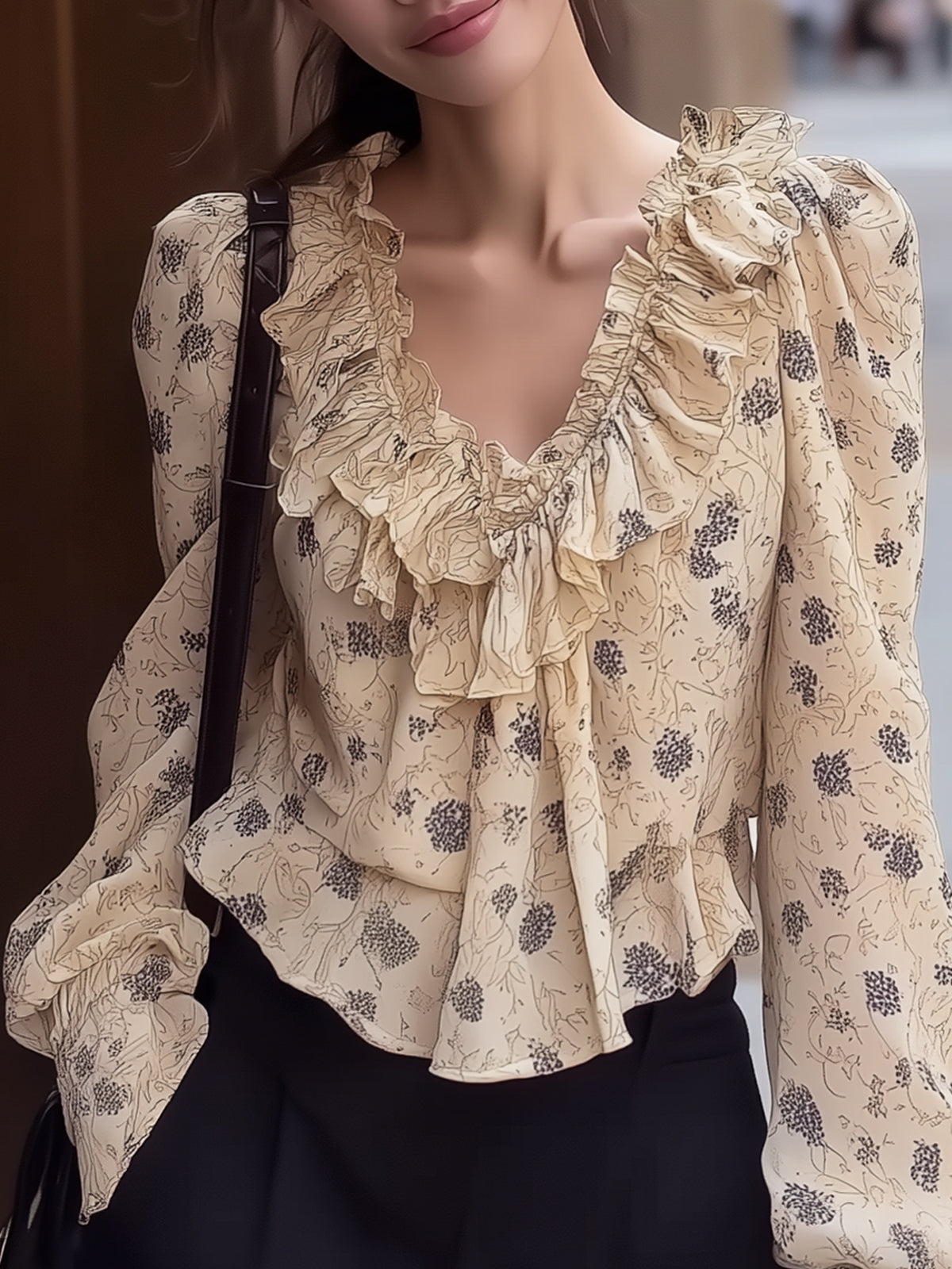 Fantasy Pro V-Neck Floral Chiffon Blouse with Elegant Ruffle Details
