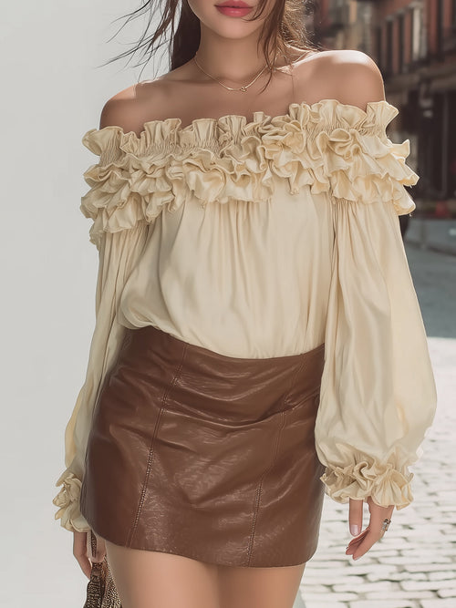 Fantasy Pro Vintage Off-Shoulder Satin Top - Ruffle Trim & Puff Sleeve