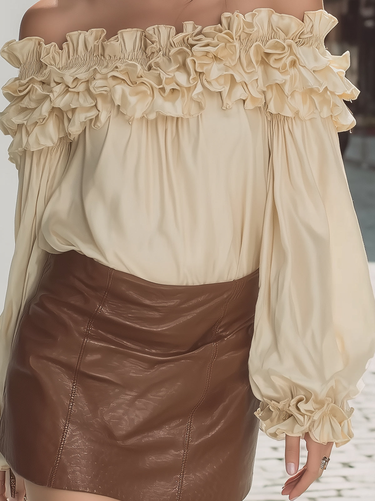 Fantasy Pro Vintage Off-Shoulder Satin Top - Ruffle Trim & Puff Sleeve