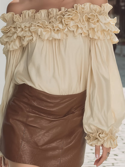 Fantasy Pro Vintage Off-Shoulder Satin Top - Ruffle Trim & Puff Sleeve