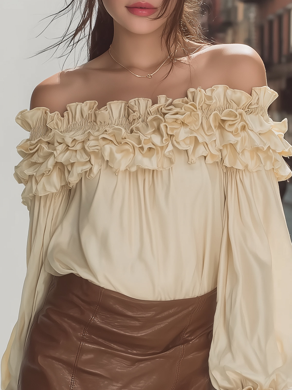 Fantasy Pro Vintage Off-Shoulder Satin Top - Ruffle Trim & Puff Sleeve