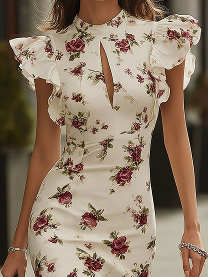 Fantasy Pro White Floral Print Midi Dress with Ruffle Sleeves