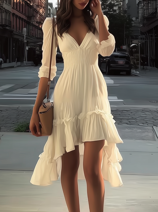 Fantasy Pro White V-Neck Midi Dress Smocked Waist Ruffle Hem
