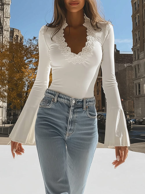 Fantasy Pro White V-Neck Top with Elegant Lace Trim & Bell Sleeves