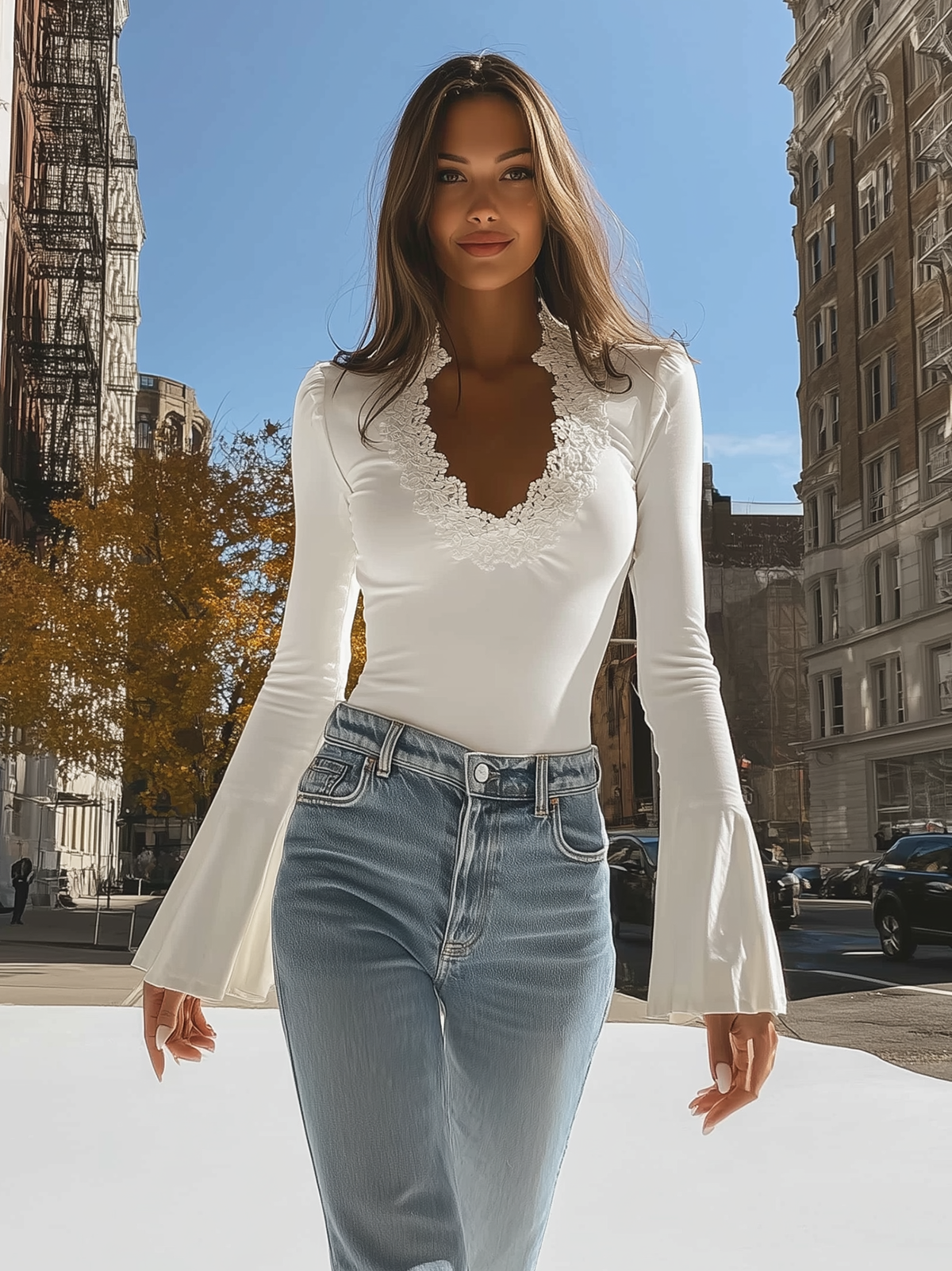 Fantasy Pro White V-Neck Top with Elegant Lace Trim & Bell Sleeves