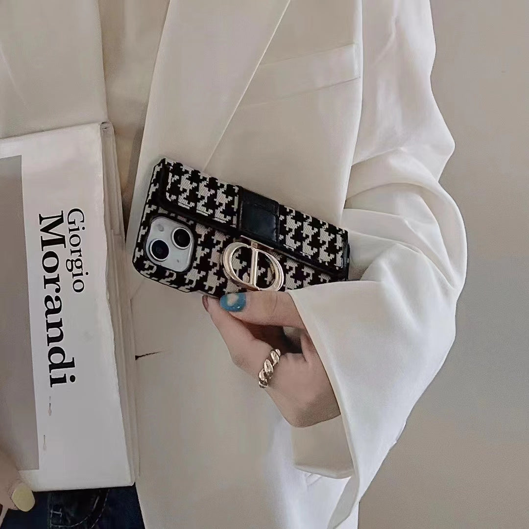 Luxury CD Houndstooth Wallet iPhone Case with Elegant Buckle Closure