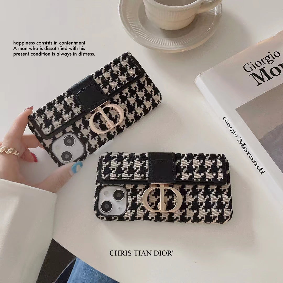 Luxury CD Houndstooth Wallet iPhone Case with Elegant Buckle Closure