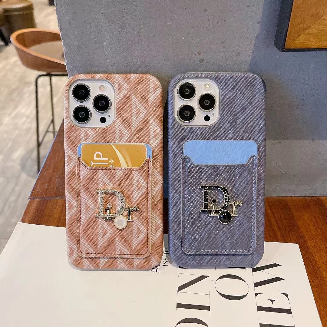 Luxury CD-Inspired Phone Case with Card Holder and Pearl Charm